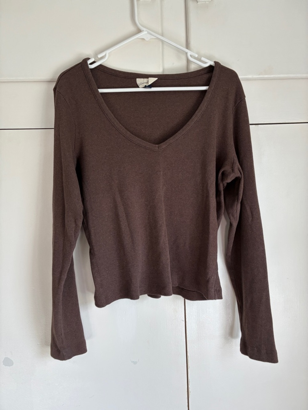 Universal Thread Brown Ribbed V-Neck Long Sleeve Shirt Top